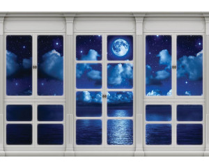 Blick durch das Fenster auf Vollmond und Meer, mit 3D-Perspektive auf Fototapete.