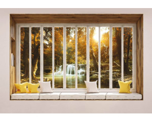 Wasserfall in einem Wald mit Bäumen, sichtbar durch ein Fenster mit 3D-Perspektive auf Fototapete.