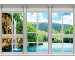 Fototapete mit 3D-Perspektive Blick auf einen Wasserfall und Landschaft durch ein Fenster.