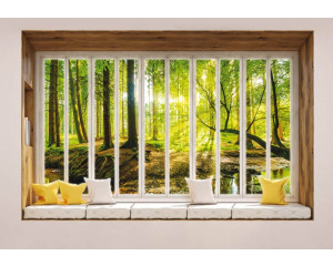 Blick auf einen sonnigen Herbstwald durch ein Fenster, mit 3D-Perspektive auf Fototapete.