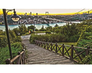 Fototapete mit Blick auf eine Stadt und eine Brücke in einer natürlichen Landschaft.