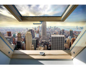Fototapete mit einem Blick auf New York durch ein Dachfenster, 3D-Effekt für zusätzliche Tiefe.