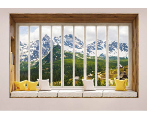 Blick auf die Berge durch ein Fenster mit 3D-Effekt auf eine Berglandschaft Fototapete.