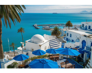 Fototapete mit Blick auf einen Hafen in Tunesien, mit mediterranem Ambiente und blauem Wasser.