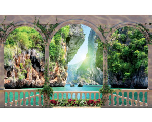 Fototapete mit Blick auf Felsen und einen klaren See von einer Terrasse aus, mit einem 3D-Effekt.