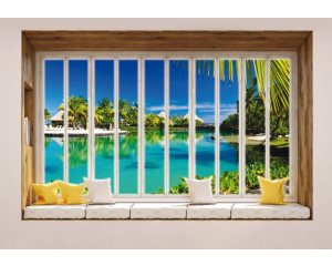 Blick auf Hawaii durch ein Fenster in 3D-Perspektive auf einer tropischen Fototapete.