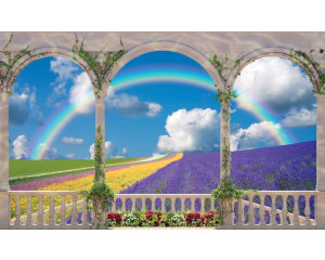 Fototapete mit Blick auf ein Blumenfeld von einer Terrasse aus, 3D-Effekt für zusätzliche Dimension.