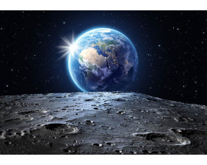 Fototapete mit einer beeindruckenden Ansicht des Planeten Erde vom Mond aus. Der tiefe Weltraum, die Mondoberfläche und die strahlend blaue Erde erzeugen einen atemberaubenden 3D-Effekt.