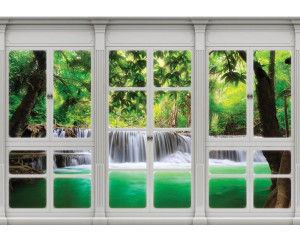 Blick auf einen Wasserfall durch ein Fenster mit 3D-Perspektive auf Fototapete.