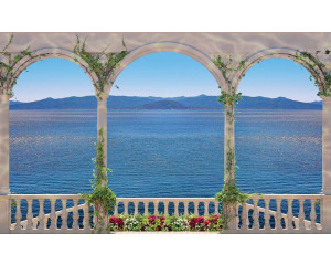 Balkon Meerblick Fototapete mit griechischen Säulen und einem schönen Meerblick für ein luxuriöses Ambiente.