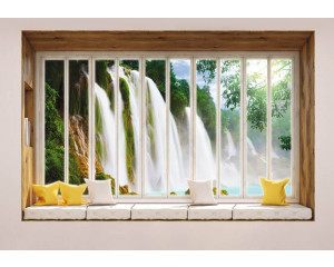 Blick auf einen großen Wasserfall durch ein Fenster auf 3D-Fototapete.