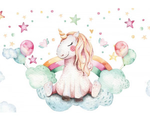 Fototapete eines Einhorns in den Wolken, Thema Kinderzimmer.