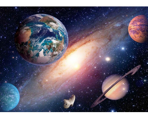 Fototapete des Universums mit allen Planeten und Sternen.