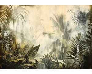 Fotobehang met een dichtbegroeide jungle vol tropische planten, waardoor een verborgen pad loopt.