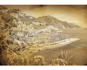 Alte Stadt und Meer, Vintage-Landschaft auf einer Fototapete für einen zeitlosen und klassischen Look.