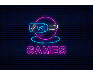 Fototapete Virtual Reality Games Neon mit futuristischem VR-Headset und leuchtenden Neonbuchstaben auf dunklem Backsteinhintergrund.