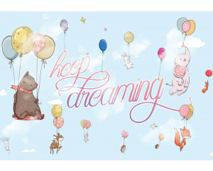 Fototapete mit fliegenden Tieren, Luftballons mit Elefant, Bär und Kaninchen, für Kinderzimmer.