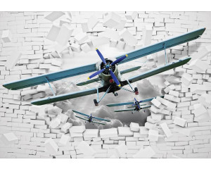 Fototapete von Flugzeugen, die eine Wand durchschlagen, mit 3D-Effekten und abstrakten Ziegeln.