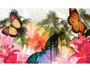 Fototapete eines Schmetterlings in einer Dschungelumgebung, in einem abstrakten tropischen Design.