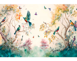 Fototapete mit Schmetterlingen und Vögeln in Aquarellfarben, mit Bäumen und künstlerischen Details.