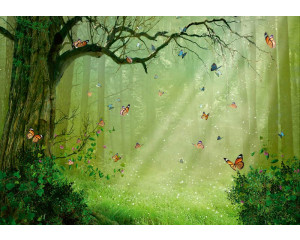 Fototapete von Schmetterlingen im Feenwald, mit Feen in einer spielerischen Komposition für Kinder.