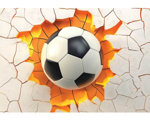 Fotobehang voetbal door de muur met 3D-effect van een bal die door gebarsten wand knalt.