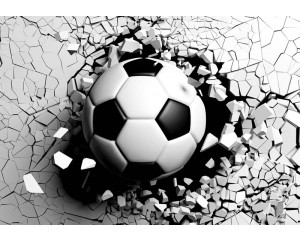 Eine beeindruckende Fototapete mit einem Fußball inmitten einer kaputten Wand, gerendert in 3D.
