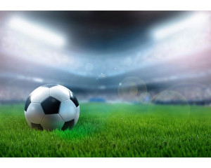 Ein aktionsgeladenes Stadion mit einem Fußballplatz und Kindern, die im Rampenlicht spielen.