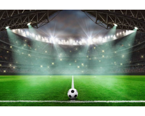 Fototapete eines durch die Luft schwebenden Fußballs über einem vollen Stadion mit Tribünen voller begeisterter Zuschauer.