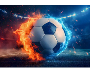 Fototapete von einem Fußball in einem feurigen Duell mit Flammen, perfekt für Sportfans.