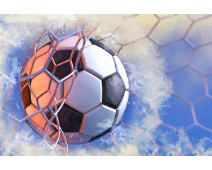 Fototapete eines Gemäldes, das einen Fußball zeigt, der ein Tor schießt, wobei der Moment des Tores in der Mitte des Bildes liegt.
