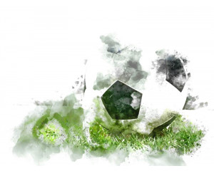 Fototapete eines Gemäldes, auf dem ein Fußball abgebildet ist, künstlerisch dargestellt in einem abstrakten Stil mit leuchtenden Farben.