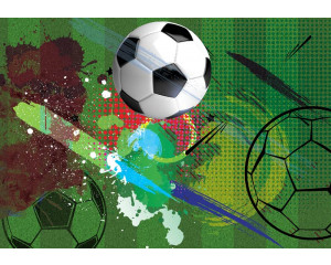 Fototapete mit einem Fußball-Straßenkunst-Graffiti, das ein spielerisches Wandbild für Kinder zeigt.