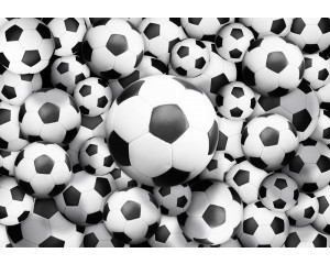 Fußbälle in einem 3D-Effekt, dargestellt auf einer Fototapete für Kinder.