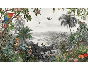 Fototapete mit Vögeln und Schmetterlingen in einem üppigen Dschungel, umgeben von Dschungel- und Regenwaldpflanzen.