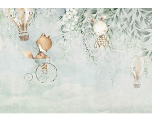 Fototapete von einem Fuchs und einem Hasen in den Himmel mit Heißluftballons angezeigt.