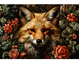 Fototapete eines Fuchses, der durch ein Blumenfeld streift, mit leuchtenden Farben und Naturthema.