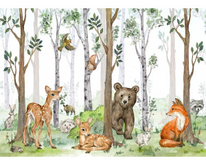 Fototapete mit fröhlichen Waldtieren wie Bär, Hirsch und Fuchs in einer verspielten Umgebung, perfekt für einen freundlichen und lebendigen Look.