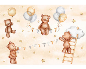 Fototapete mit glücklichen Teddybären, die zwischen Wolken und Sternen schweben, entworfen für Kinderzimmer.