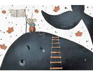 Fototapete mit einem Wal und einer Maus, die in einer verspielten und fantasievollen Szene spielen, perfekt für ein Kinderzimmer.