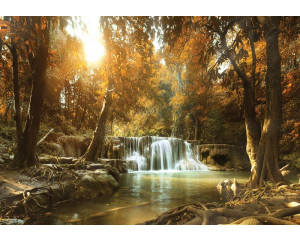 Wasserfall umgeben von Herbstbäumen mit bunten Blättern auf Fototapete.