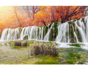 Fototapete mit einem Wasserfall, der durch eine Herbstlandschaft fließt, umgeben von bunten Bäumen und Blättern.