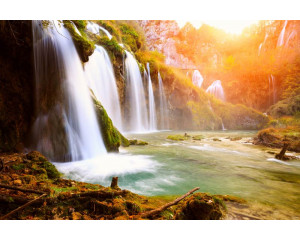 Fototapete eines harmonischen Wasserfalls, der durch einen Dschungel fließt, mit üppiger grüner Vegetation.