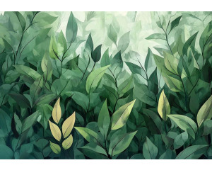 Fotobehang met weelderige groene bladeren geschilderd in aquarelstijl op een lichte achtergrond.