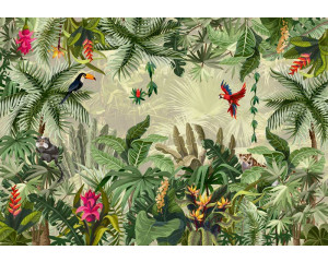 Fototapete mit Tieren, umgeben von tropischen Pflanzen, perfekt für eine botanische Atmosphäre.