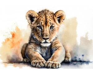 Fototapete mit einem Löwenjungen. Diese Fototapete zeigt einen jungen Löwen mit einem Hintergrund voller schöner Farben.