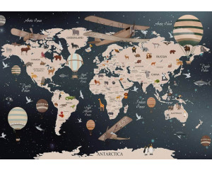 Weltkarte mit Tieren, Ballons und Flugzeugen auf dieser fröhlichen Kindertapete, perfekt für junge Entdecker.