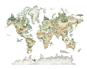 Fototapete mit Weltkarte und Tieren, perfekt für ein Kinderzimmer mit verspielten Illustrationen von Tieren aus verschiedenen Kontinenten.