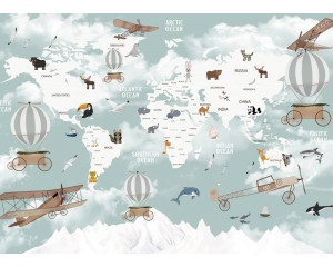 Fototapete mit einer verspielten Weltkarte voller Tiere und Länder, perfekt für einen lehrreichen und fantasievollen Look.