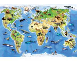 Weltkarte mit Tieren, Fototapete für Kinder mit spielerischer Darstellung von Zootieren.